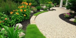 Outdoor space with exposed aggregate concrete and lush greenery.