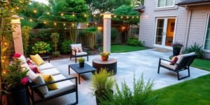 Beautiful concrete patio with outdoor furniture and plants.