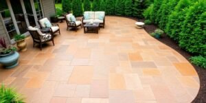 Stunning stamped concrete patio with lush greenery and furniture.