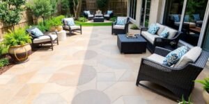 Decorative concrete patio with modern outdoor furnishings.