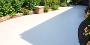 Concrete patio in Fort Worth with flowers and greenery.