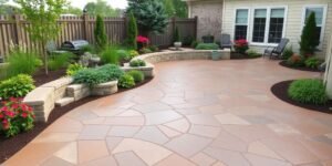 Beautiful outdoor space with stamped concrete and greenery.