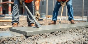 Concrete workers pouring and leveling concrete in Fort Worth.