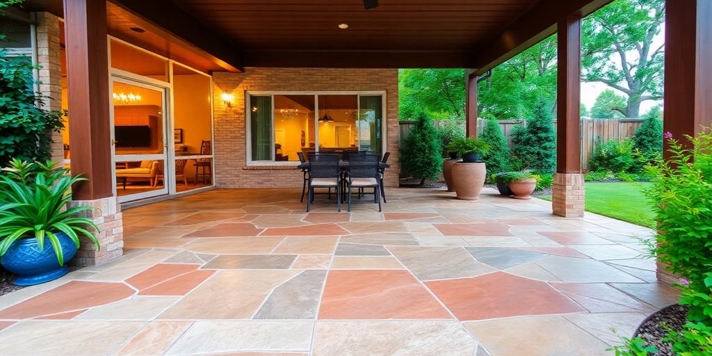 Stunning stamped concrete patio with vibrant patterns in Fort Worth.