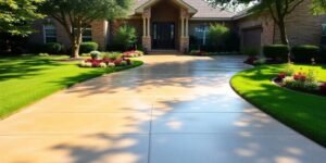 Stunning concrete driveway with green lawns in Fort Worth.