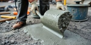 Worker pouring fresh concrete at a construction site.