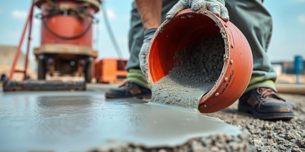 Concrete being poured by a worker at a construction site.