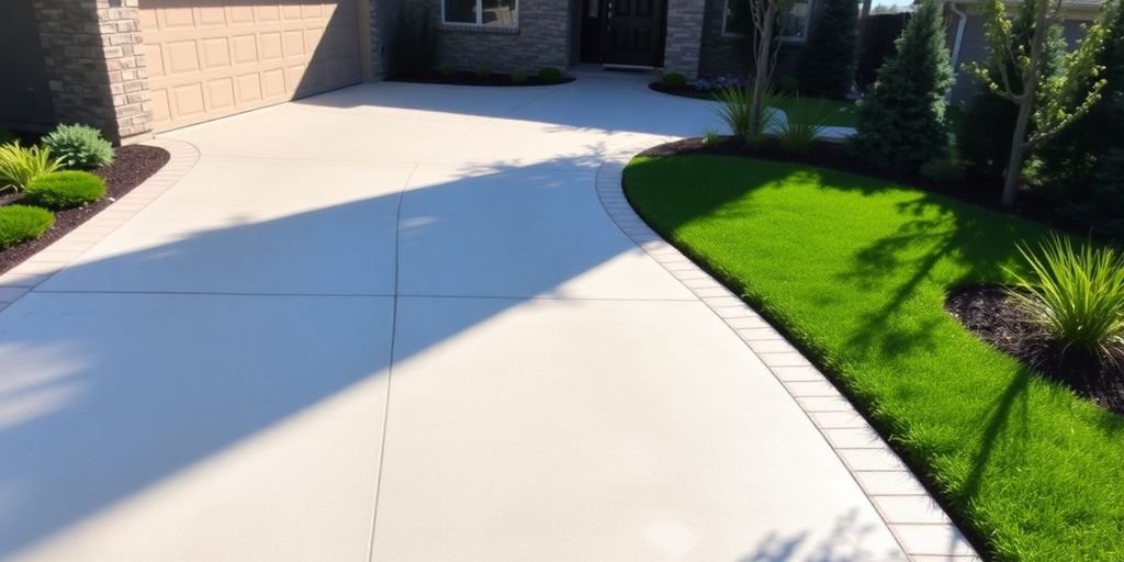 Modern concrete driveway with lush landscaping and sunlight.