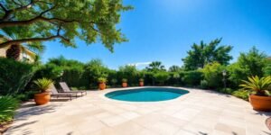 Concrete pool deck in a lush outdoor setting.