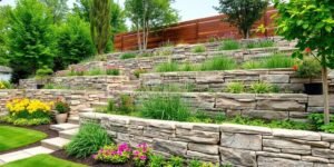 Modern retaining walls in a vibrant garden landscape.