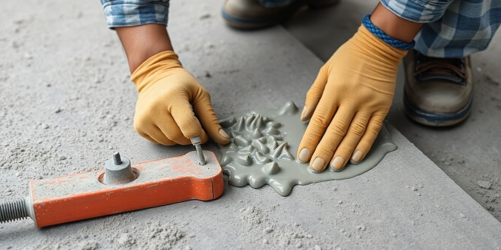 Worker repairing concrete surface with tools and materials.